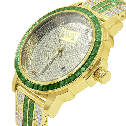 Mens Custom Watch Emerald Green Solid Stainless Steel Baguette Cut Solitaire Bezel Gold Tone Diamond Dial