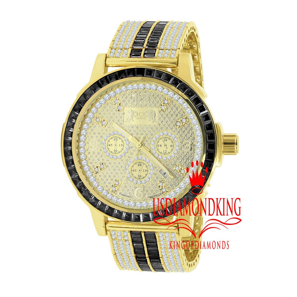 Mens Black Onyx Real Diamond Dial Solid Steel Custom Bezel Band Gold Tone Watch