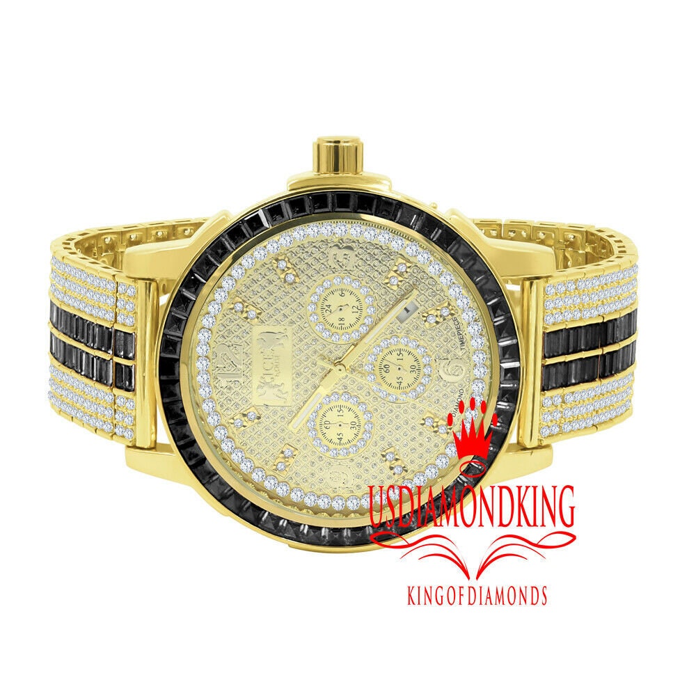 Mens Black Onyx Real Diamond Dial Solid Steel Custom Bezel Band Gold Tone Watch