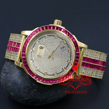 Genuine Diamond Dial Stainless Steel Pink Face Custom Bezel Gold Tone Adjustable Band Mens Watch W/Date