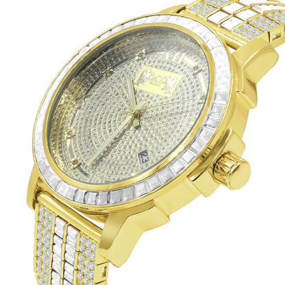 Solid Stainless Steel Bezel W/Date Function Adjustable Custom Band Mens 18K Yellow Gold Finish Watch