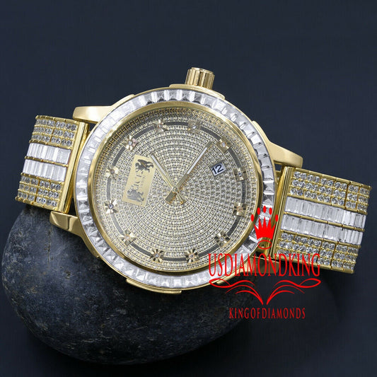 Solid Stainless Steel Bezel W/Date Function Adjustable Custom Band Mens 18K Yellow Gold Finish Watch