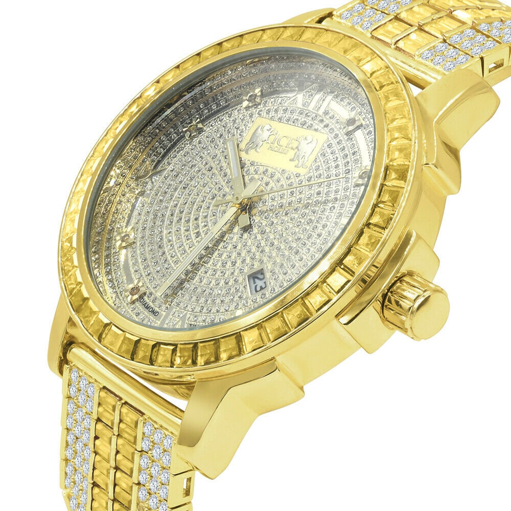 Lemonade Canary Gold Yellow Tone Real Diamond Dial Gold Finish Custom Band Watch W/Date Solid Steel Bezel