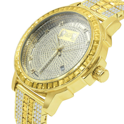 Lemonade Canary Gold Yellow Tone Real Diamond Dial Gold Finish Custom Band Watch W/Date Solid Steel Bezel