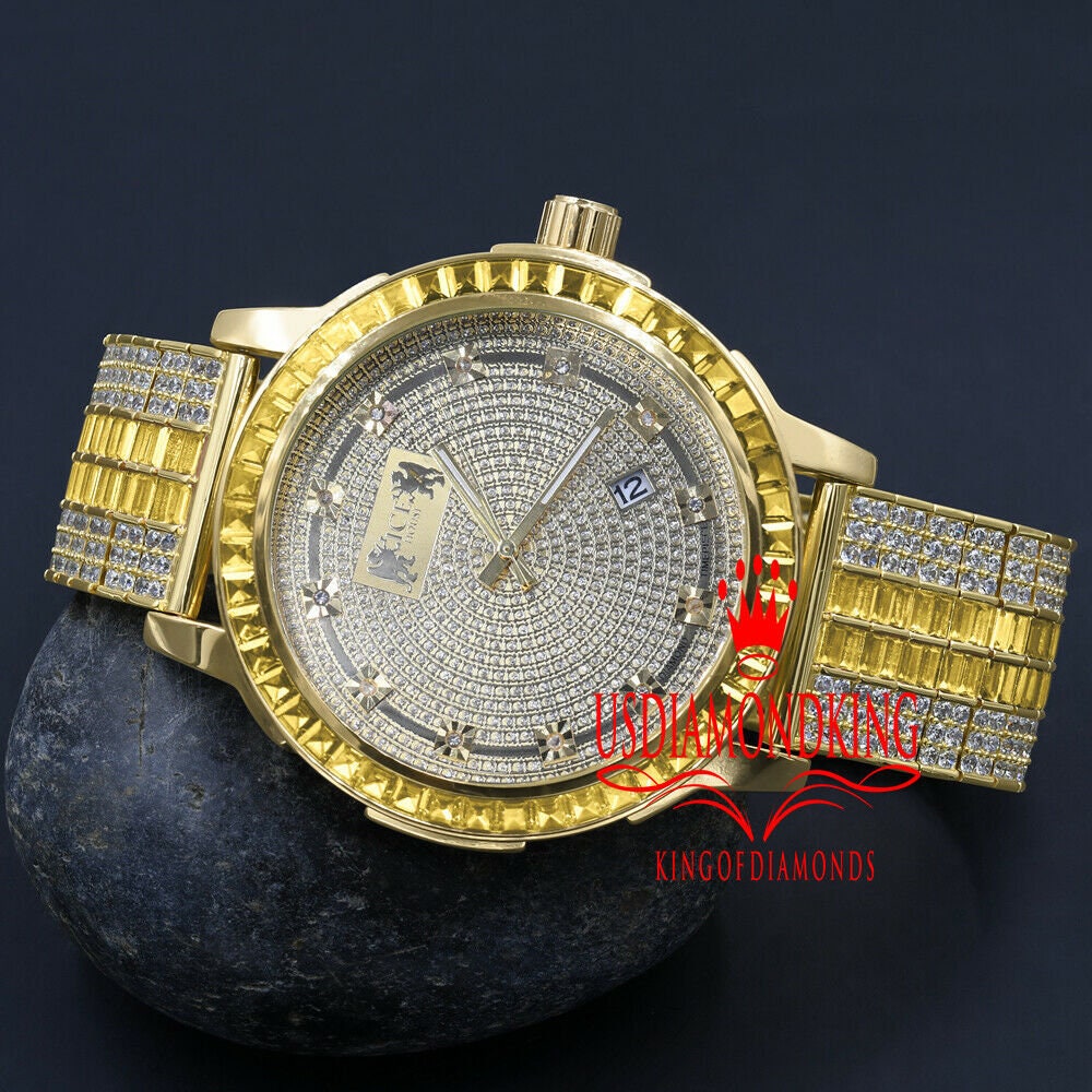 Lemonade Canary Gold Yellow Tone Real Diamond Dial Gold Finish Custom Band Watch W/Date Solid Steel Bezel