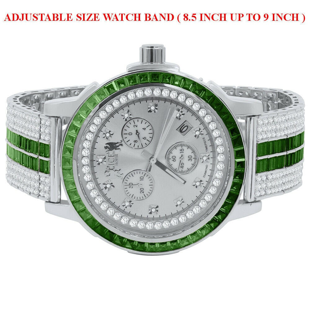 18K White Gold finish Emerald Green Solid Stainless Steel Baguette Solitaire Bezel Adjustable Custom Band Watch