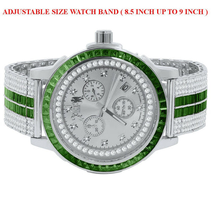 18K White Gold finish Emerald Green Solid Stainless Steel Baguette Solitaire Bezel Adjustable Custom Band Watch