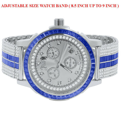 Sapphire Blue White Gold Tone Mens Watch W/Date Adjustable Custom Band Real Diamond Dial Stainless Steel Baguette Bezel