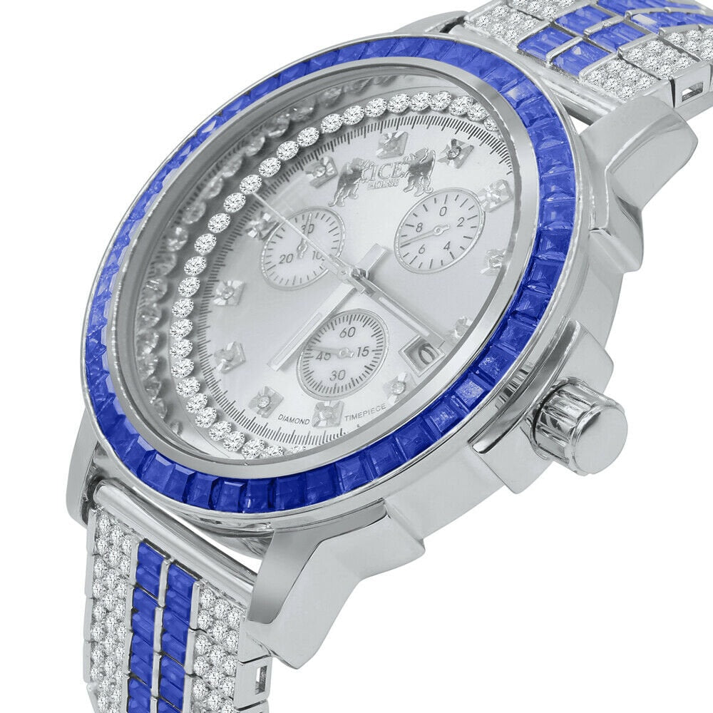 Sapphire Blue White Gold Tone Mens Watch W/Date Adjustable Custom Band Real Diamond Dial Stainless Steel Baguette Bezel