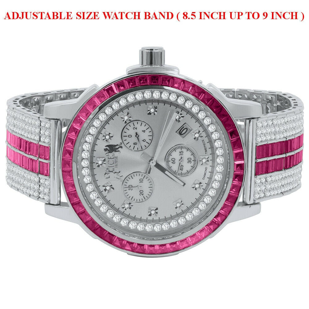 Mens Genuine Diamond Dial Stainless Steel Pink Face Custom Bezel White Gold Tone Adjustable Band Watch W/Date