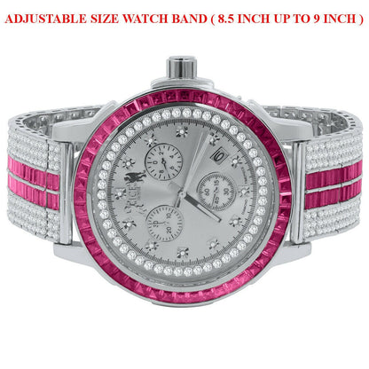 Mens Genuine Diamond Dial Stainless Steel Pink Face Custom Bezel White Gold Tone Adjustable Band Watch W/Date