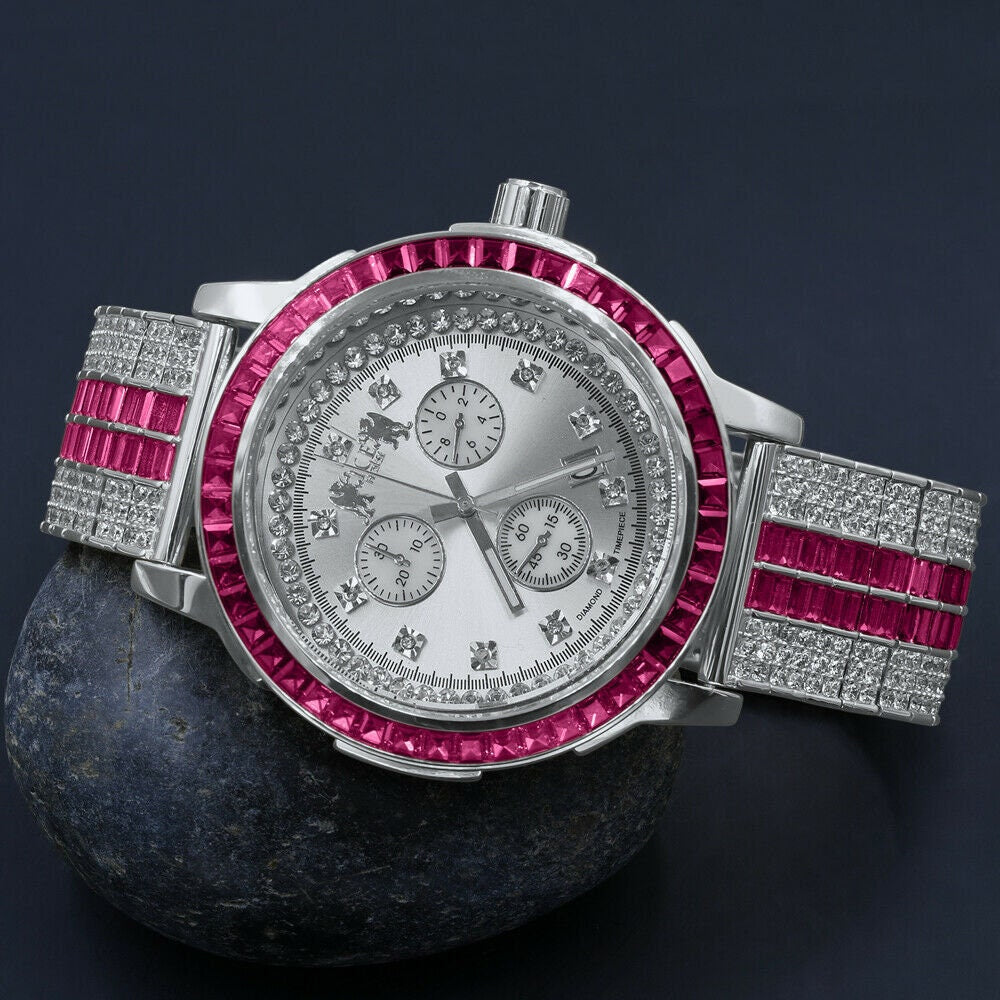 Mens Genuine Diamond Dial Stainless Steel Pink Face Custom Bezel White Gold Tone Adjustable Band Watch W/Date