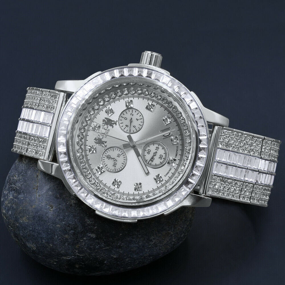Mens 18K White Gold Finish Solid Stainless Steel Bezel W/Date Function Adjustable Custom Band Watch