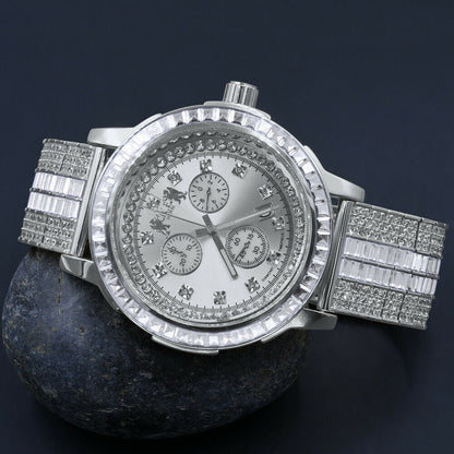 Mens 18K White Gold Finish Solid Stainless Steel Bezel W/Date Function Adjustable Custom Band Watch