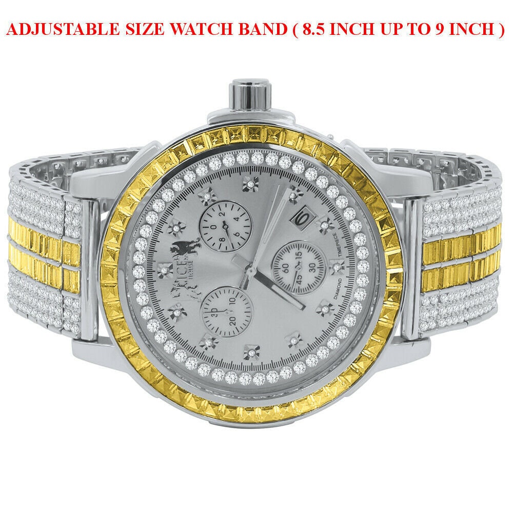 Lemonade Canary White Gold Finish Real Diamond Dial Gold Finish Custom Band Watch W/Date Solid Steel Bezel