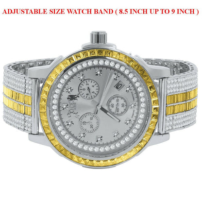 Lemonade Canary White Gold Finish Real Diamond Dial Gold Finish Custom Band Watch W/Date Solid Steel Bezel