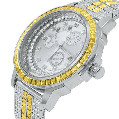 Lemonade Canary White Gold Finish Real Diamond Dial Gold Finish Custom Band Watch W/Date Solid Steel Bezel