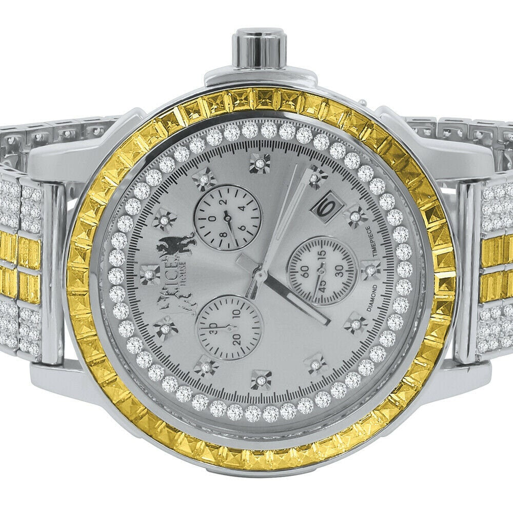 Lemonade Canary White Gold Finish Real Diamond Dial Gold Finish Custom Band Watch W/Date Solid Steel Bezel