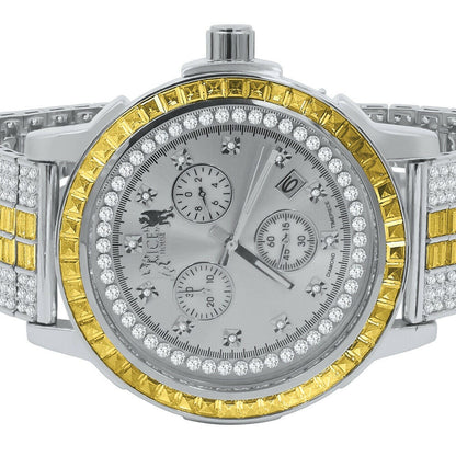 Lemonade Canary White Gold Finish Real Diamond Dial Gold Finish Custom Band Watch W/Date Solid Steel Bezel