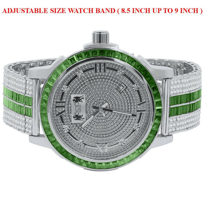 Emerald Green 18K White Gold finish Solid Stainless Steel Baguette Solitaire Bezel Adjustable Custom Band Watch