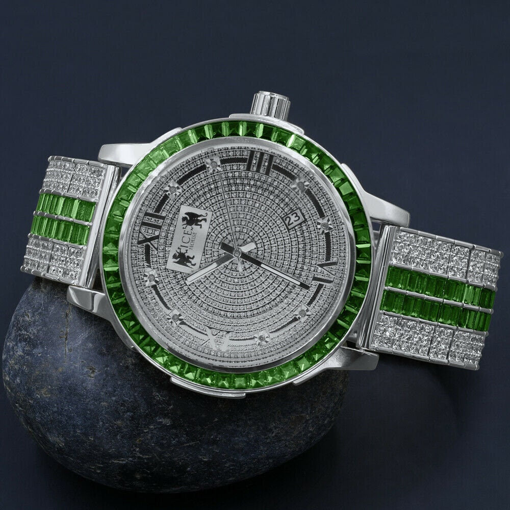 Emerald Green 18K White Gold finish Solid Stainless Steel Baguette Solitaire Bezel Adjustable Custom Band Watch