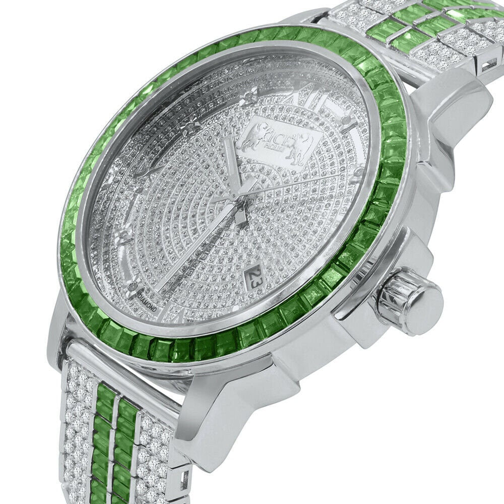 Emerald Green 18K White Gold finish Solid Stainless Steel Baguette Solitaire Bezel Adjustable Custom Band Watch