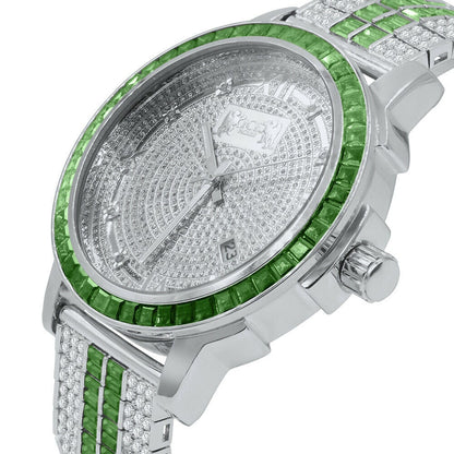 Emerald Green 18K White Gold finish Solid Stainless Steel Baguette Solitaire Bezel Adjustable Custom Band Watch
