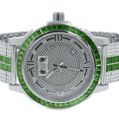 Emerald Green 18K White Gold finish Solid Stainless Steel Baguette Solitaire Bezel Adjustable Custom Band Watch