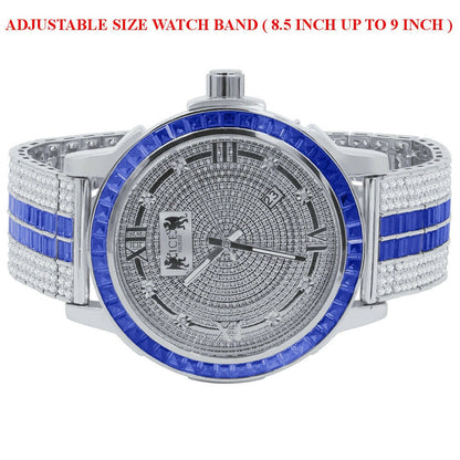 Real Diamond Dial Sapphire Blue White Gold Tone Mens Watch W/Date Adjustable Custom Band Stainless Steel Baguette Bezel