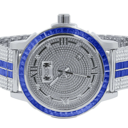 Real Diamond Dial Sapphire Blue White Gold Tone Mens Watch W/Date Adjustable Custom Band Stainless Steel Baguette Bezel