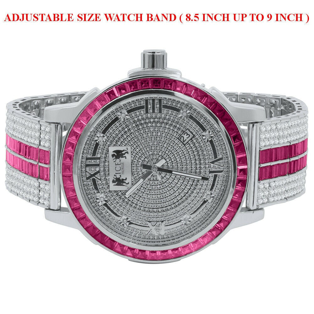 Pink Tourmaline Genuine Diamond Dial Stainless Steel Face Custom Bezel White Gold Tone Adjustable Band Watch W/Date