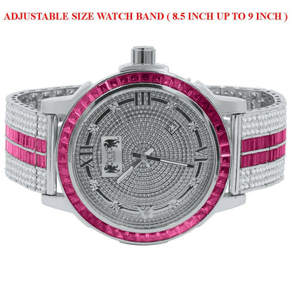 Pink Tourmaline Genuine Diamond Dial Stainless Steel Face Custom Bezel White Gold Tone Adjustable Band Watch W/Date