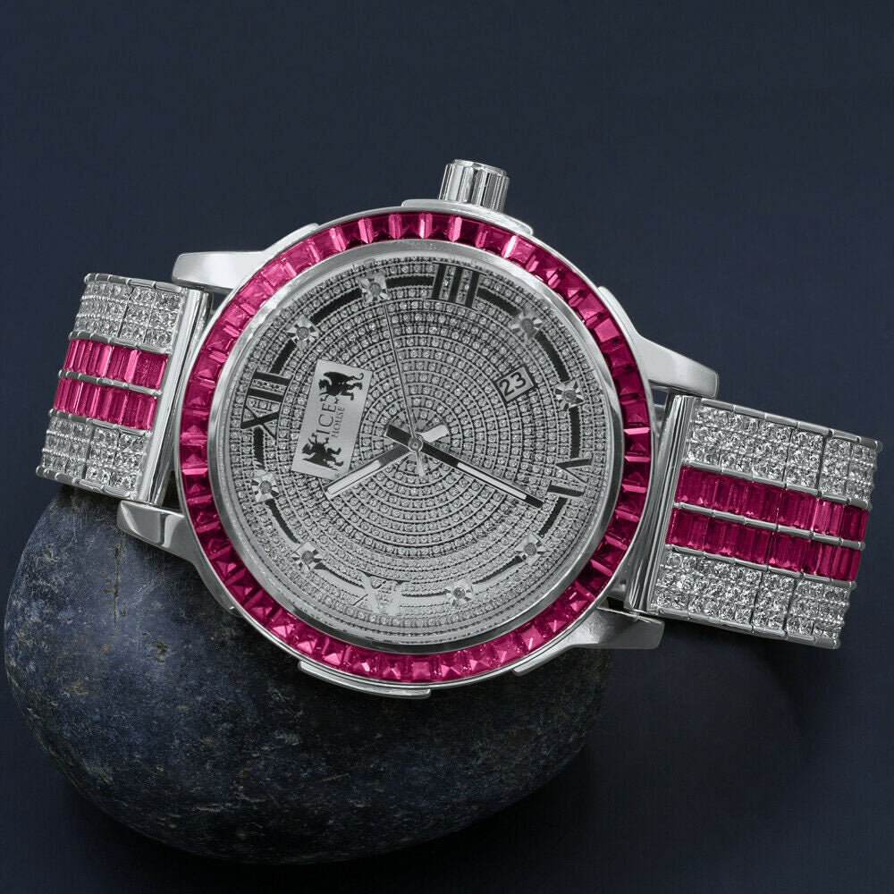 Pink Tourmaline Genuine Diamond Dial Stainless Steel Face Custom Bezel White Gold Tone Adjustable Band Watch W/Date