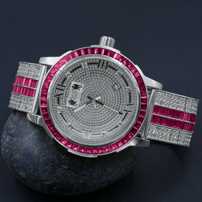 Pink Tourmaline Genuine Diamond Dial Stainless Steel Face Custom Bezel White Gold Tone Adjustable Band Watch W/Date