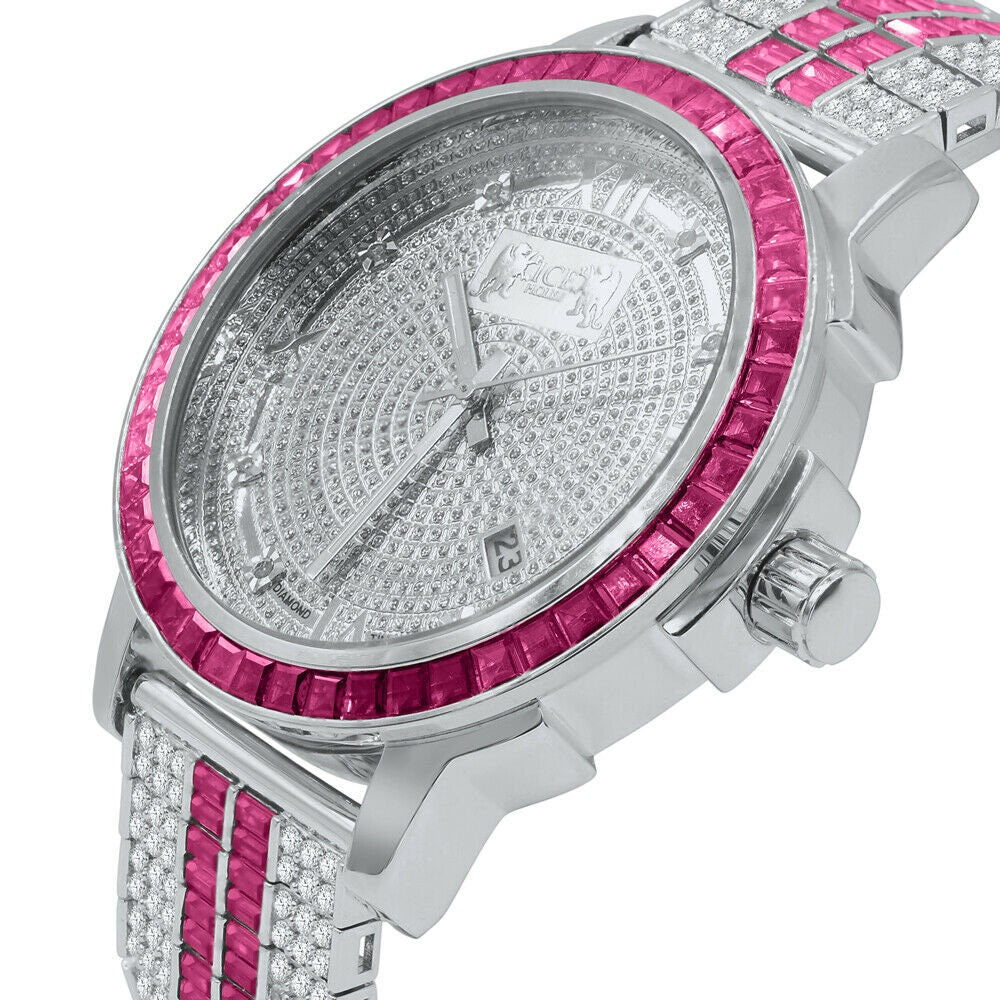 Pink Tourmaline Genuine Diamond Dial Stainless Steel Face Custom Bezel White Gold Tone Adjustable Band Watch W/Date