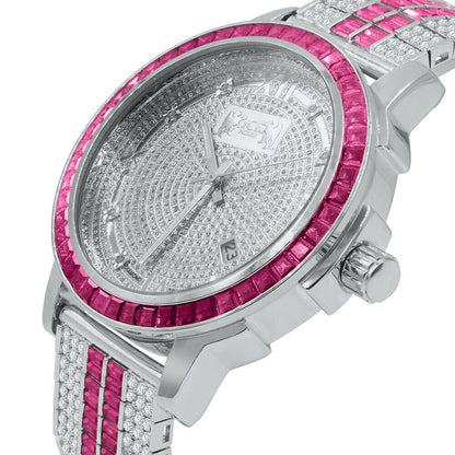 Pink Tourmaline Genuine Diamond Dial Stainless Steel Face Custom Bezel White Gold Tone Adjustable Band Watch W/Date