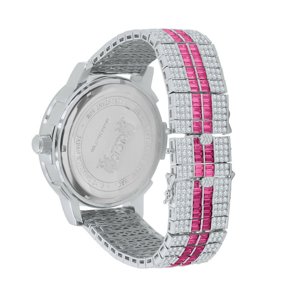 Pink Tourmaline Real Genuine Diamond Dial Stainless Steel Face Custom Bezel White Gold Tone Adjustable Band Watch W/Date