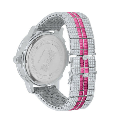 Pink Tourmaline Real Genuine Diamond Dial Stainless Steel Face Custom Bezel White Gold Tone Adjustable Band Watch W/Date