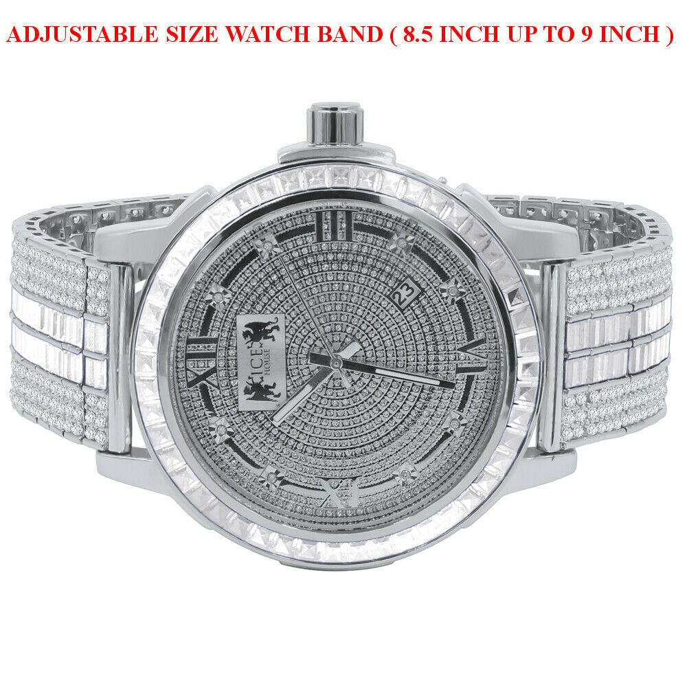 Custom Mens Watch 18K White Gold Finish Solid Stainless Steel Bezel W/Date Function Adjustable Band