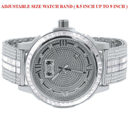 Custom Mens Watch 18K White Gold Finish Solid Stainless Steel Bezel W/Date Function Adjustable Band