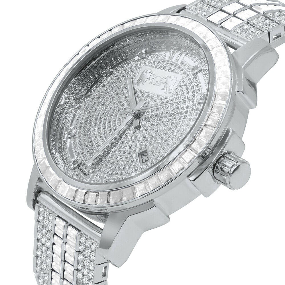 Custom Mens Watch 18K White Gold Finish Solid Stainless Steel Bezel W/Date Function Adjustable Band