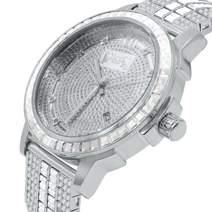 Custom Mens Watch 18K White Gold Finish Solid Stainless Steel Bezel W/Date Function Adjustable Band
