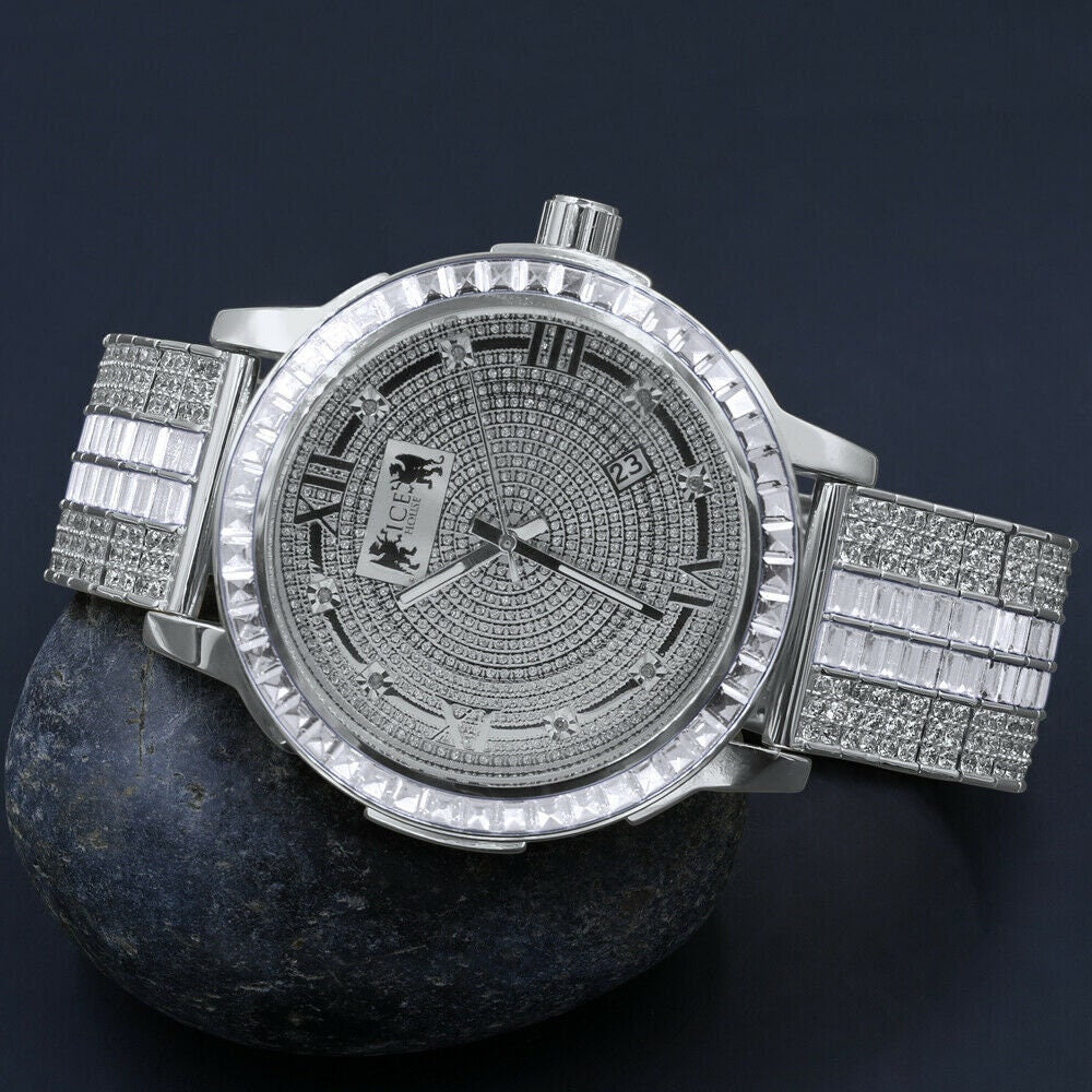 Custom Mens Watch 18K White Gold Finish Solid Stainless Steel Bezel W/Date Function Adjustable Band