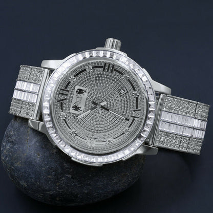 Custom Mens Watch 18K White Gold Finish Solid Stainless Steel Bezel W/Date Function Adjustable Band