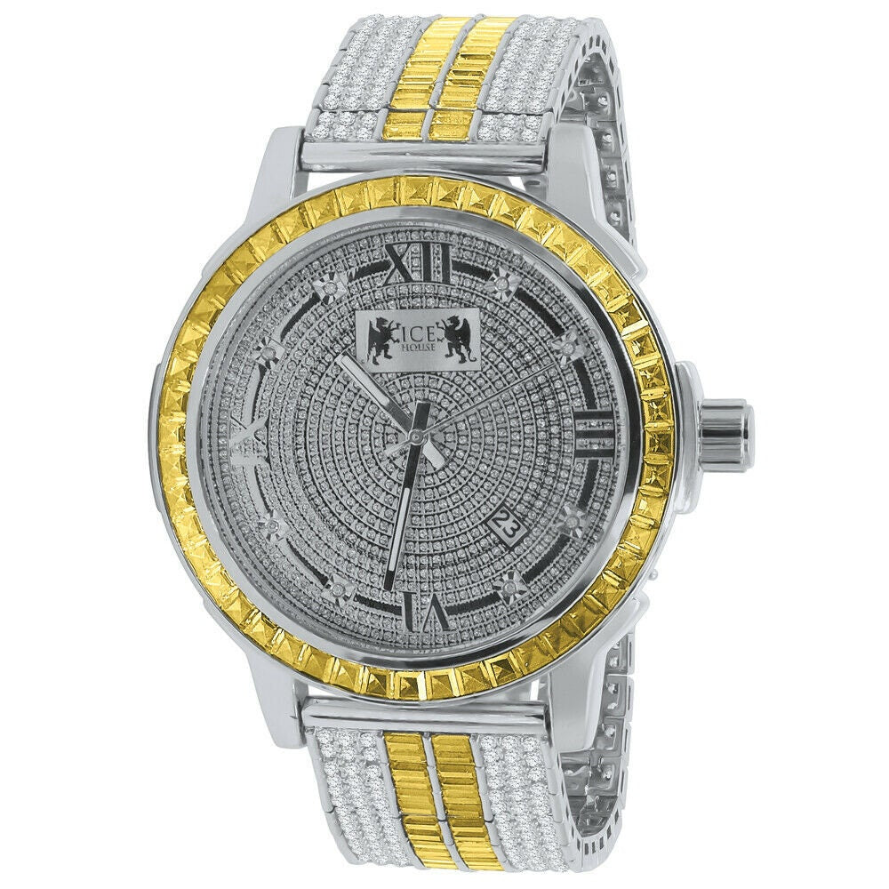 Mens Lemonade Canary White Gold Finish Real Diamond Dial Gold Finish Custom Band Watch W/Date Solid Steel Bezel