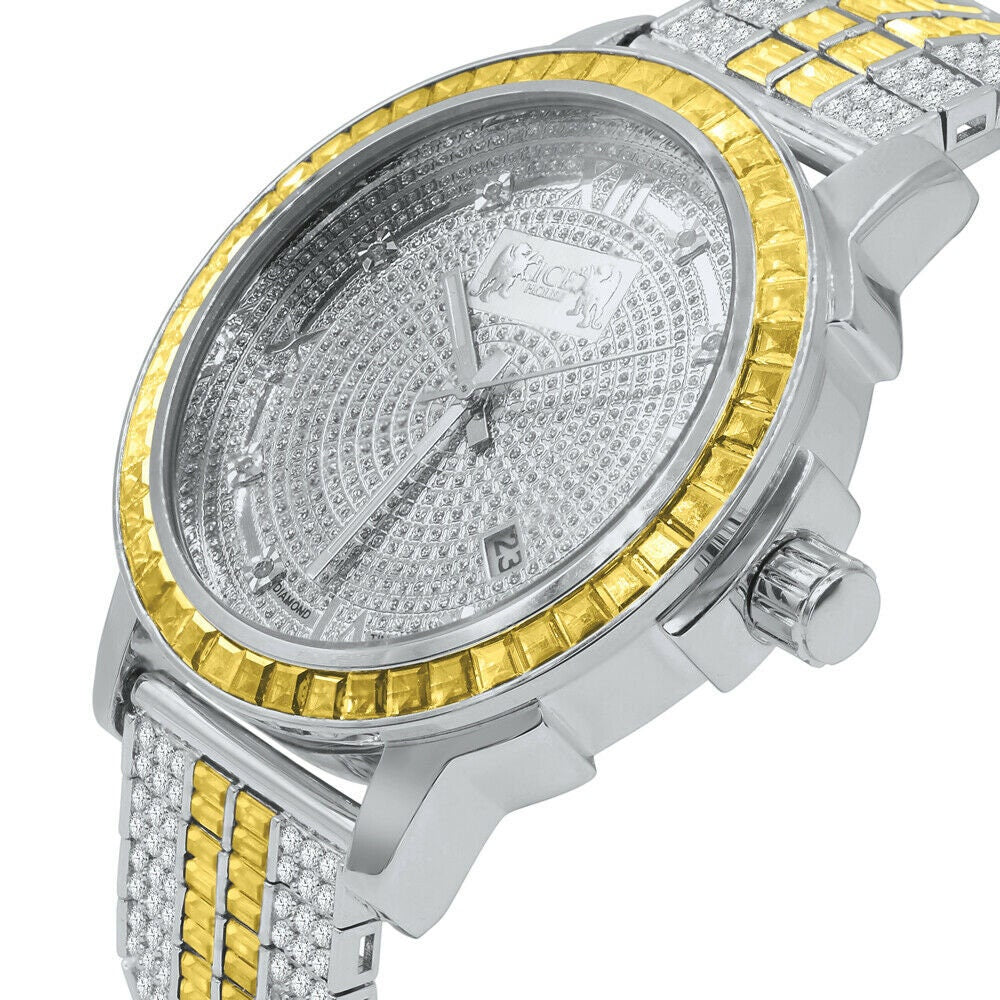 Mens Lemonade Canary White Gold Finish Real Diamond Dial Gold Finish Custom Band Watch W/Date Solid Steel Bezel