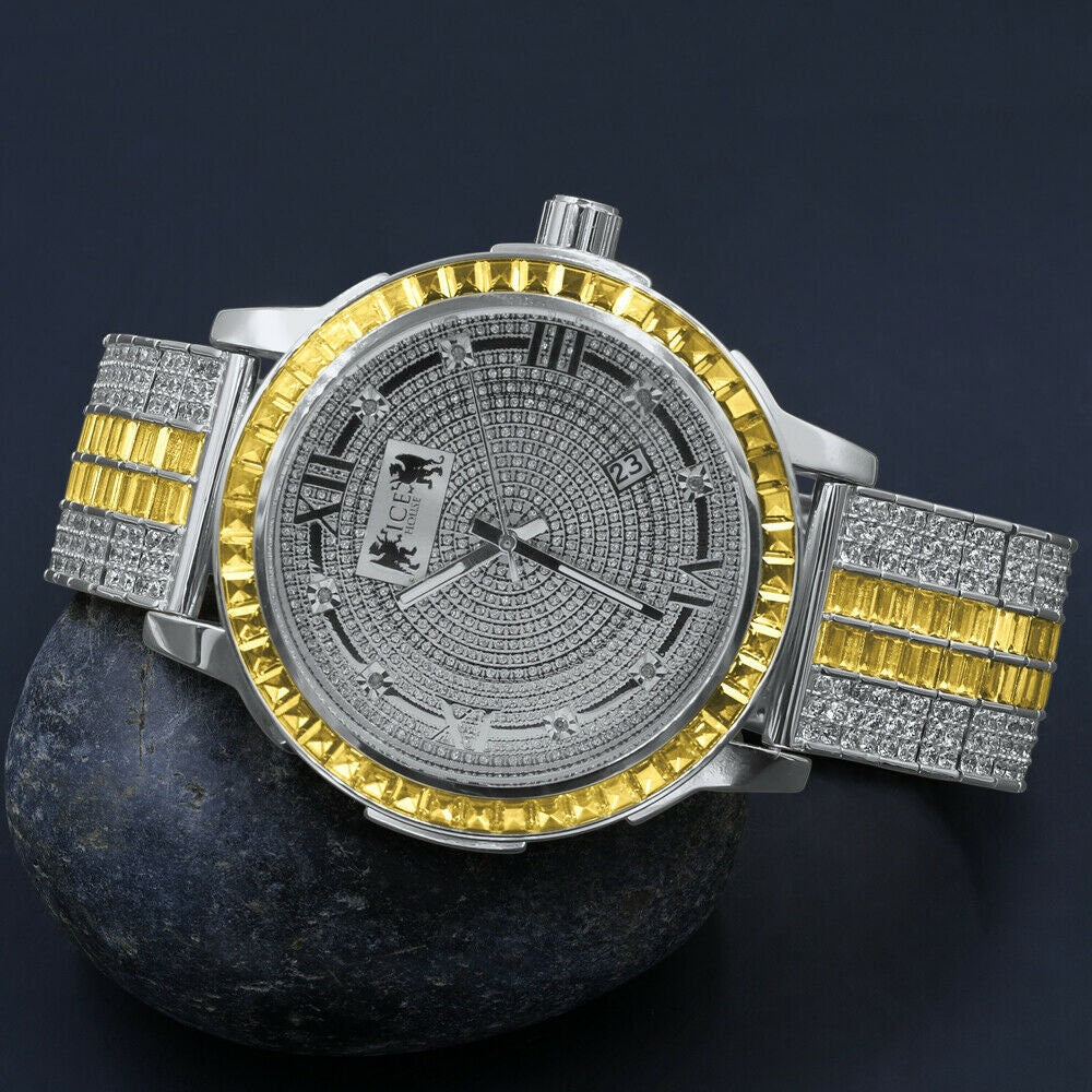 Mens Lemonade Canary White Gold Finish Real Diamond Dial Gold Finish Custom Band Watch W/Date Solid Steel Bezel