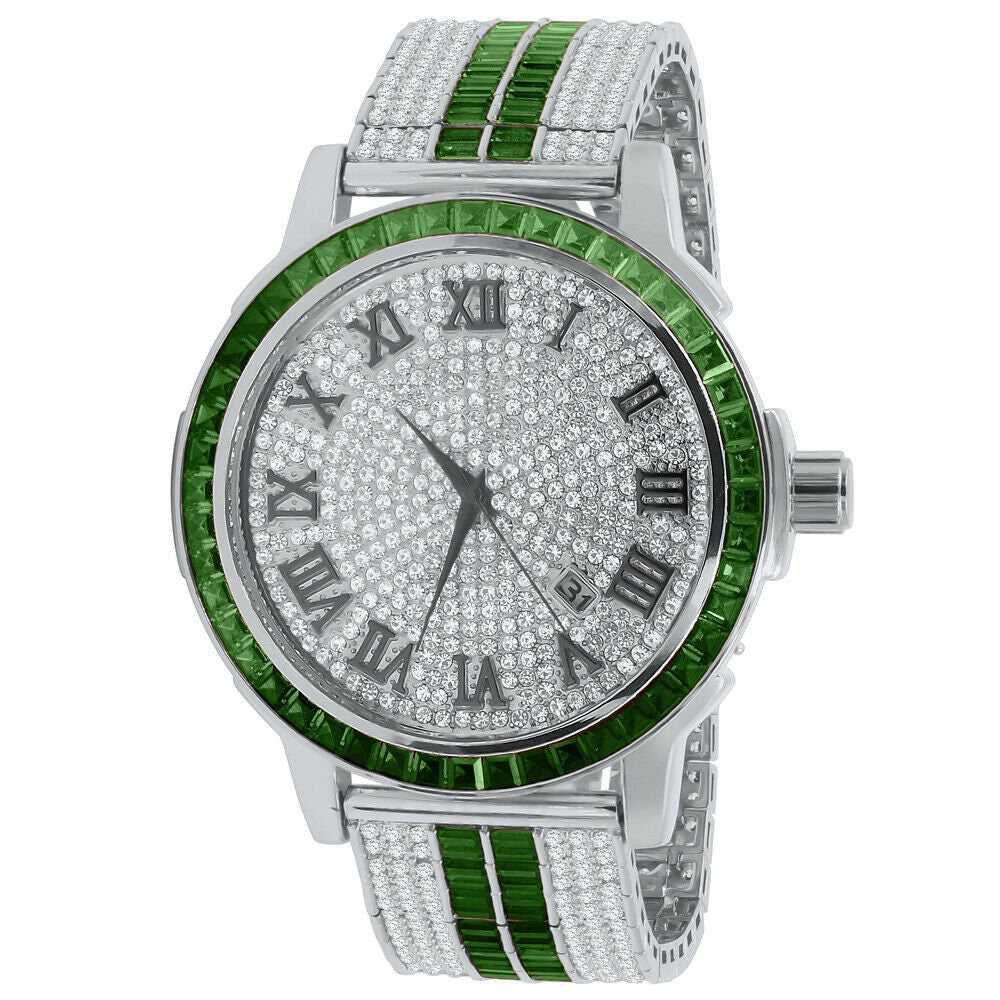 Mens Custom Green Emerald Watch Simulated Diamond Dial White Gold Solid Steel W/Date Function Roman Face