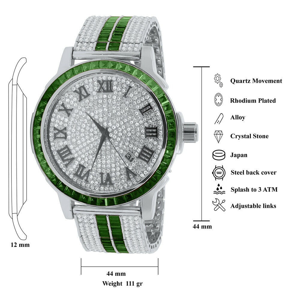 Mens Custom Green Emerald Watch Simulated Diamond Dial White Gold Solid Steel W/Date Function Roman Face