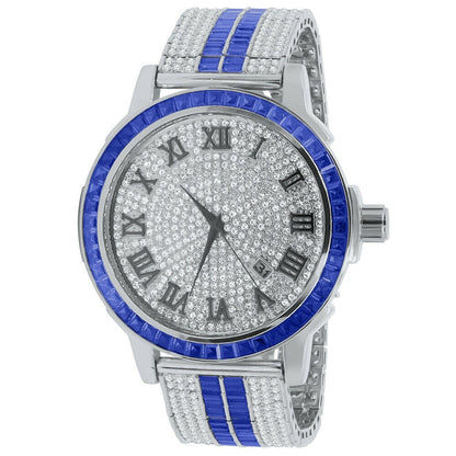 Solid Stainless Steel Baguette Solitaire Bezel Roman Dial Blue Band Mens White Gold Watch